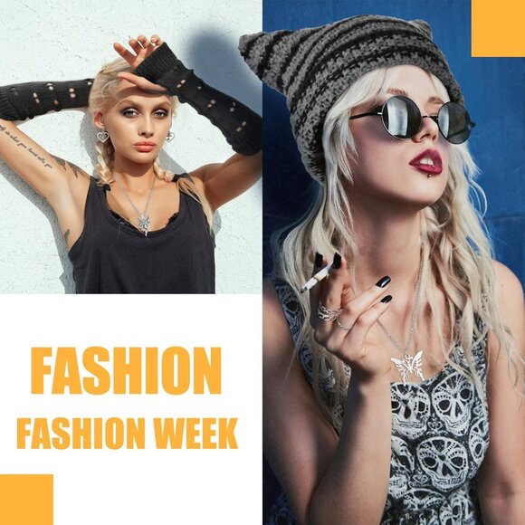 Y2K Grunge Knit Cat Beanie Ripped Gloves Jewelry Set for Women Men Black - Picture 5 of 6